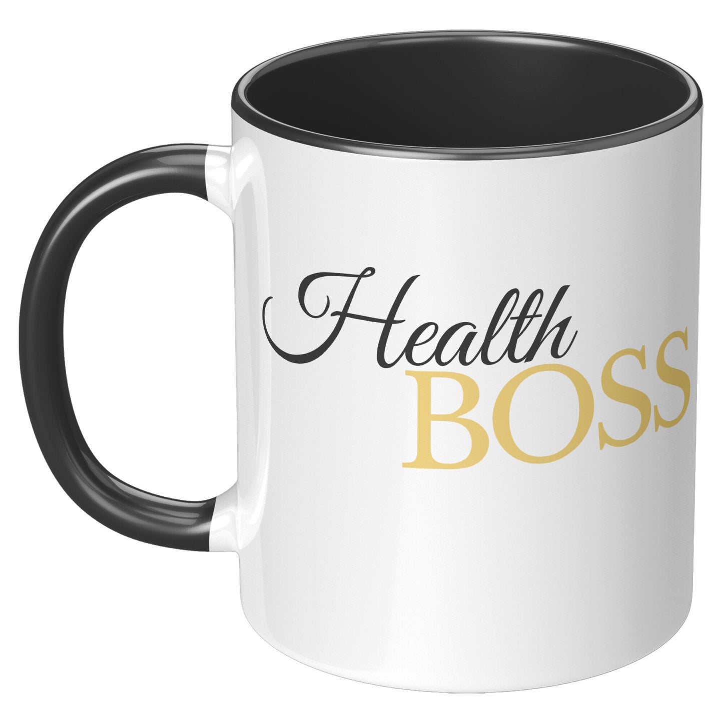 Health Boss 11oz Mug Black Handle -- Left Hand